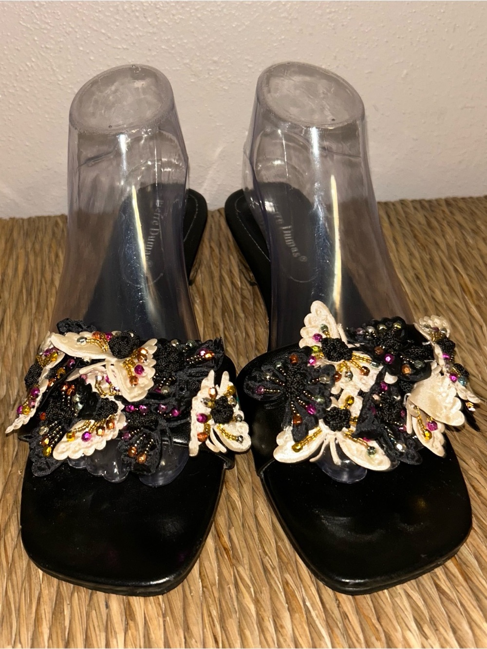 butterfly embellished Y2k wedge Beaded Black sequined Floral Slide Sandals - Picture 5 of 7